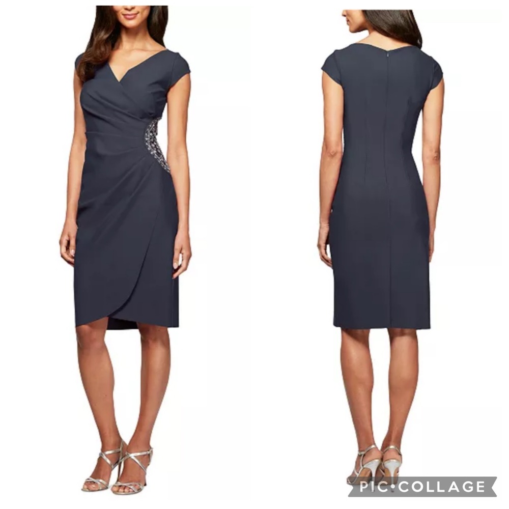 Alex‎ Evenings Ruched Beaded Side Sheath Dress Charcoal 12 Petite